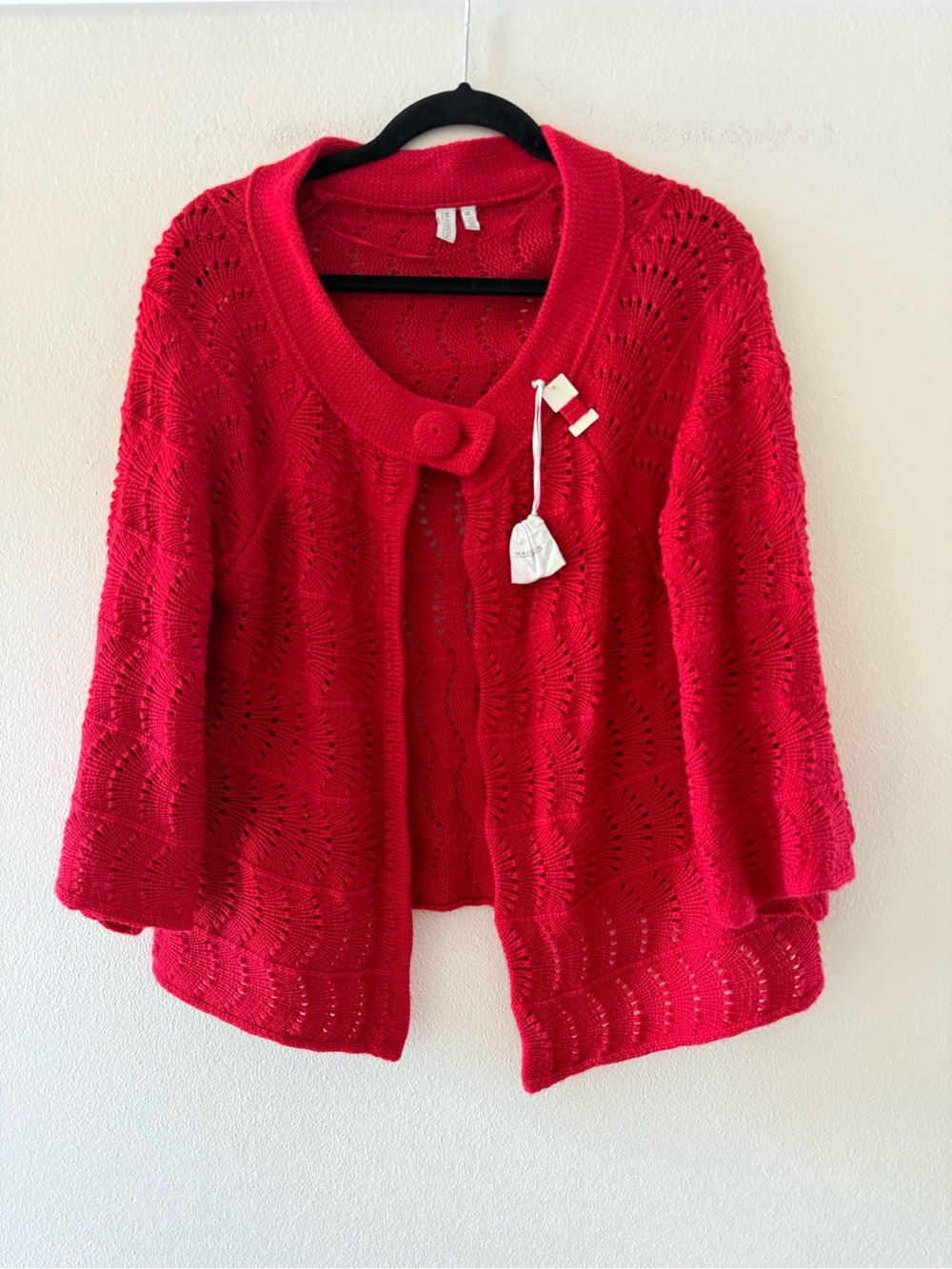 Madison Bright Red Openwork Knit Cardigan with Single Button Closure